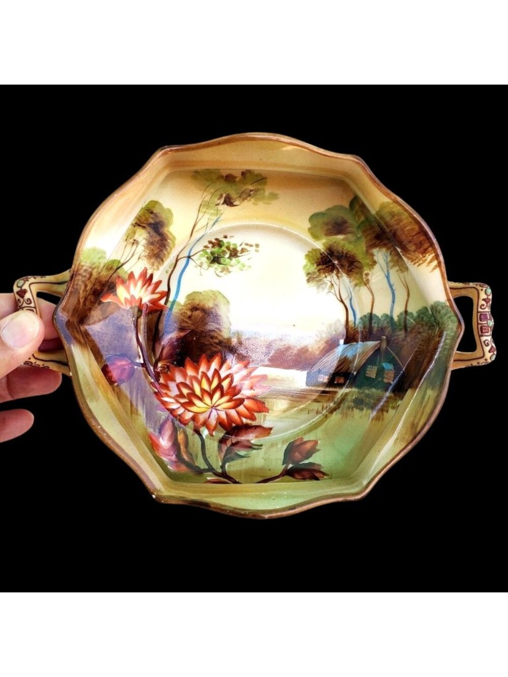 Antique Noritake Bowl Made in Japan Hand Painted 6 Sided Hexagon 2 Handled